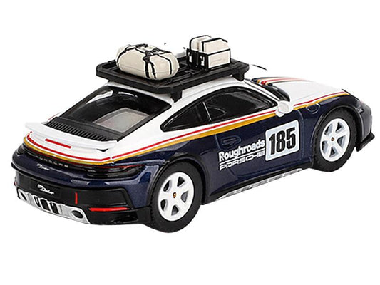 Porsche 911 Dakar Rallye Design Package #185 "Roughroads Porsche" White and Gentian Blue Metallic with Roofrack and Luggage Limited Edition 1/64 Diecast Model Car by Mini GT-DiecastModeler.com