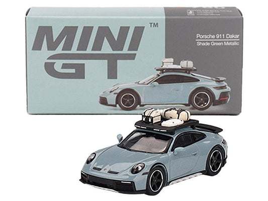 Porsche 911 Dakar Shade Green Metallic with Roofrack and Luggage Limited Edition to 9600 pieces Worldwide 1/64 Diecast Model Car by Mini GT-DiecastModeler.com