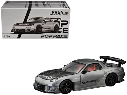 Mazda RX-7 RE-Amemiya RHD (Right Hand Drive) Silver Metallic with Carbon Hood "Japan Minicar a Gogo Exclusive" 1/64 Diecast Model Car by Pop Race