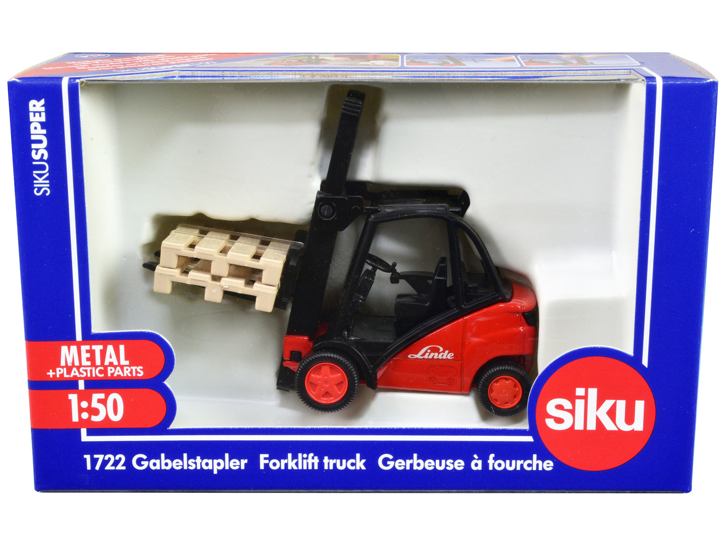 Linde Forklift Truck Red with 2 Pallet Accessories 1/50 Diecast Model by Siku-DiecastModeler.com