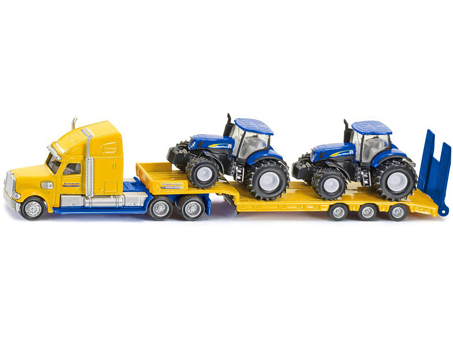 Tractor Truck Yellow with 2 New Holland T7070 Tractors Blue 1/87 (HO) Diecast Models by Siku-DiecastModeler.com