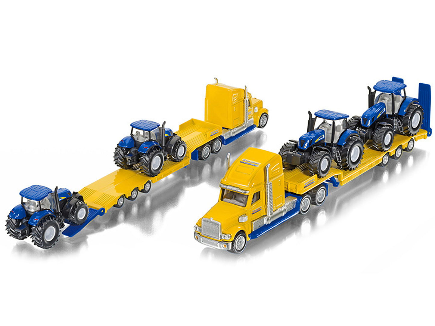 Tractor Truck Yellow with 2 New Holland T7070 Tractors Blue 1/87 (HO) Diecast Models by Siku-DiecastModeler.com