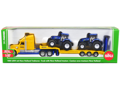 Tractor Truck Yellow with 2 New Holland T7070 Tractors Blue 1/87 (HO) Diecast Models by Siku-DiecastModeler.com