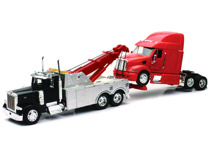 Peterbilt 379 Tow Truck Black with Peterbilt 387 Truck Tractor Red Set of 2 pieces 1/32 Diecast Model by New Ray-DiecastModeler.com