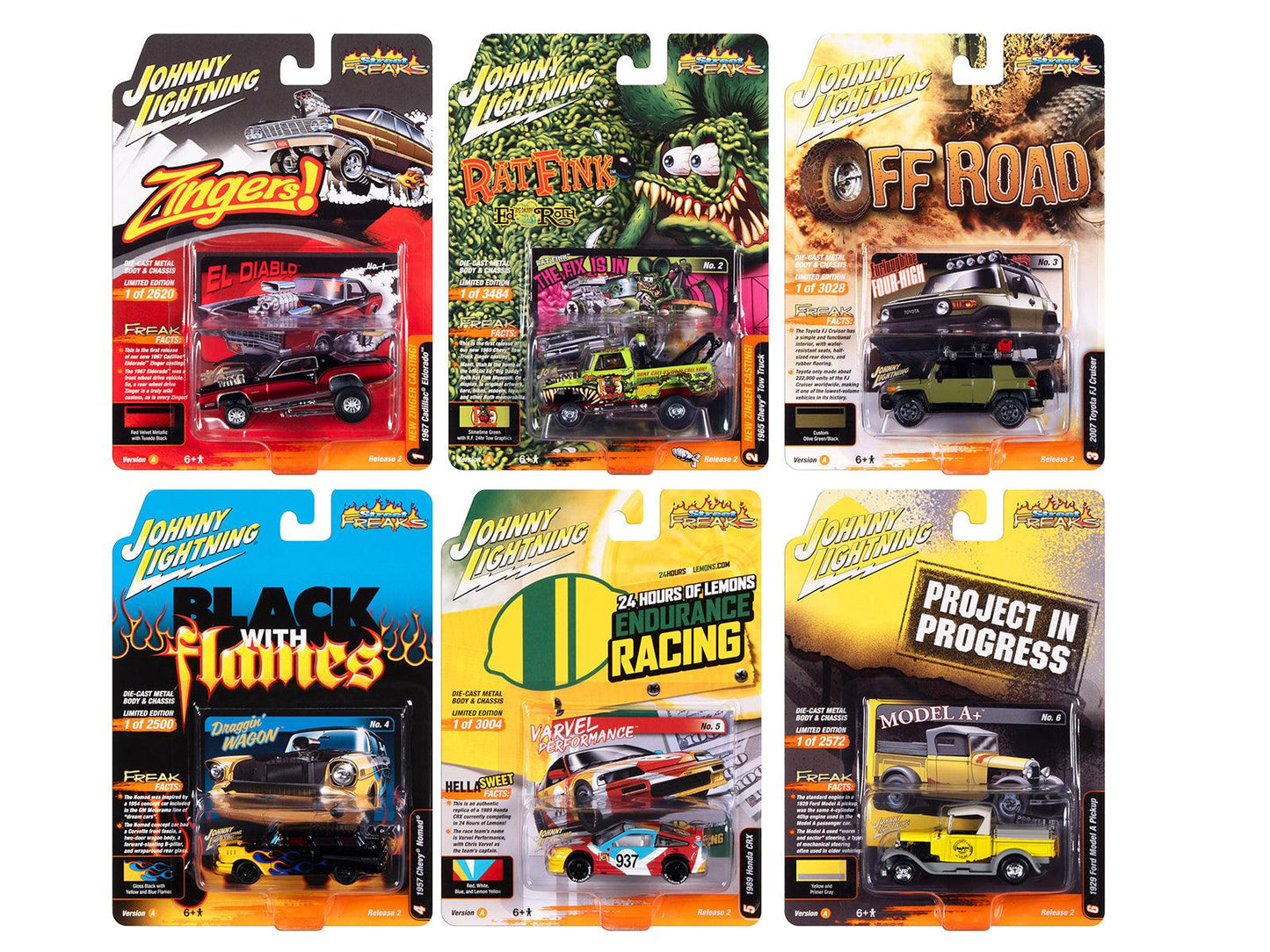 "Street Freaks" 2023 Set A of 6 Cars Release 2 1/64 Diecast Model Cars by Johnny Lightning-DiecastModeler.com