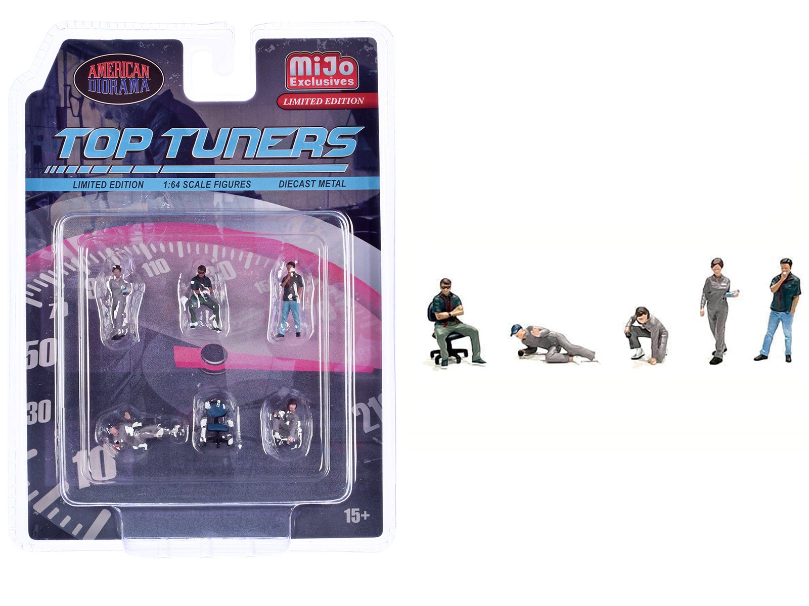 "Top Tuners" 6 piece Diecast Figure Set (5 Figures 1 Chair) Limited Edition for 1/64 Scale Models by American Diorama-DiecastModeler.com