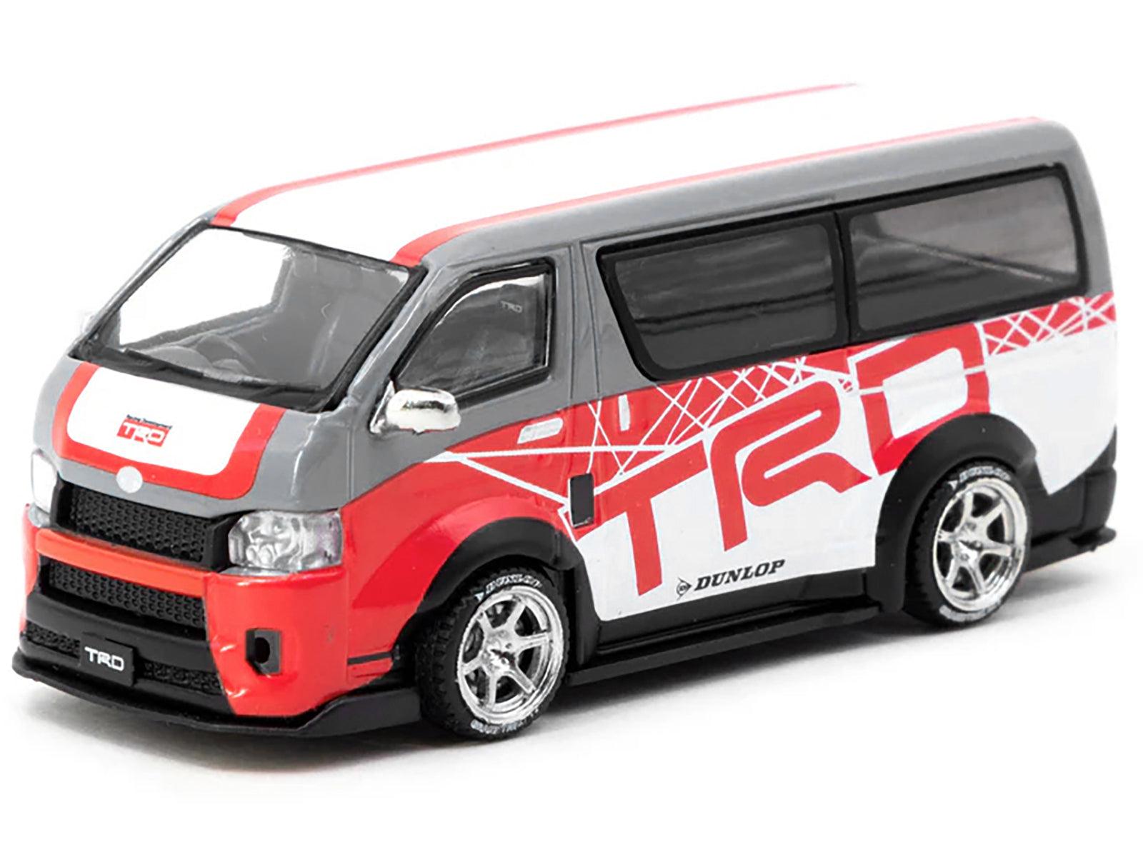 Toyota Hiace Widebody Van RHD (Right Hand Drive) "TRD" Gray and White with Red Graphics "Hobby64" Series 1/64 Diecast Model Car by Tarmac Works-DiecastModeler.com