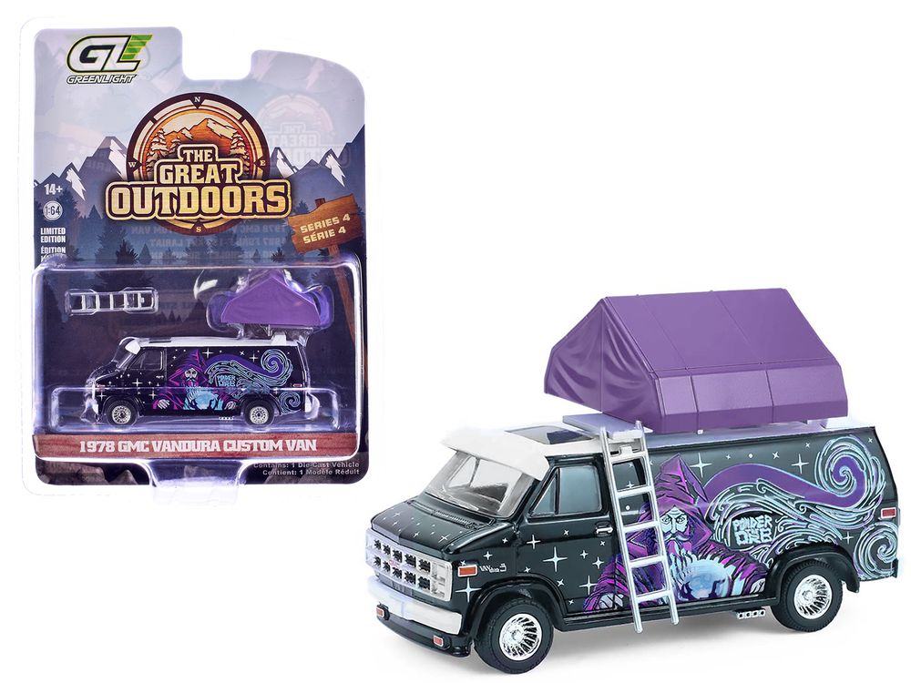 1978 GMC Vandura Custom Van Black with Wizard Graphics and White Top with Camp'otel Cartop Sleeper Tent "The Great Outdoors" Series 4 1/64 Diecast Model Car by Greenlight